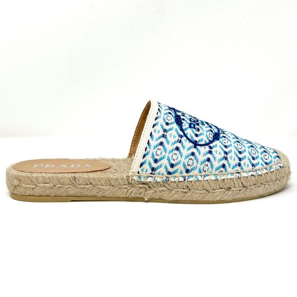 Prada Nastro Jacquard Blue White Embroidered Logo Espadrilles Flats Slippers - Picture 5 of 11